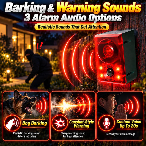 Solar Outdoor Motion Sensor Alarm - Dog Barking & Gunshot Sound, Support Recording and Volume Adjustment, 130dB Noise with Flashing Light to Deter Raccoon, Deer, Skunk, Bear, Coyote