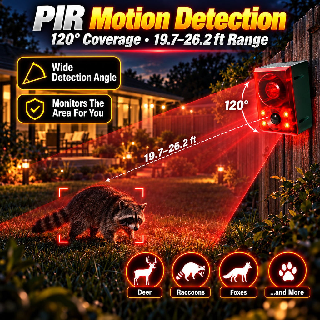 Solar Outdoor Motion Sensor Alarm - Dog Barking & Gunshot Sound, Support Recording and Volume Adjustment, 130dB Noise with Flashing Light to Deter Raccoon, Deer, Skunk, Bear, Coyote