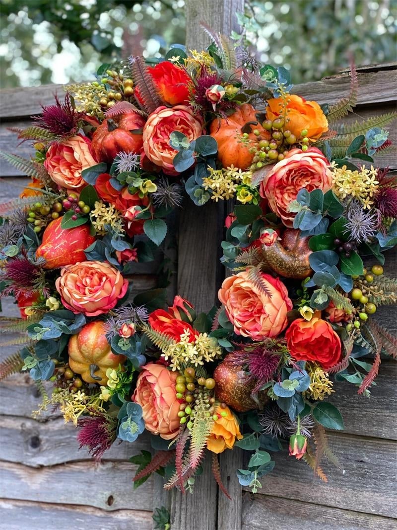 🍂 Handmade Peony & Pumpkin Wreath — Cozy Fall Charm 🎃
