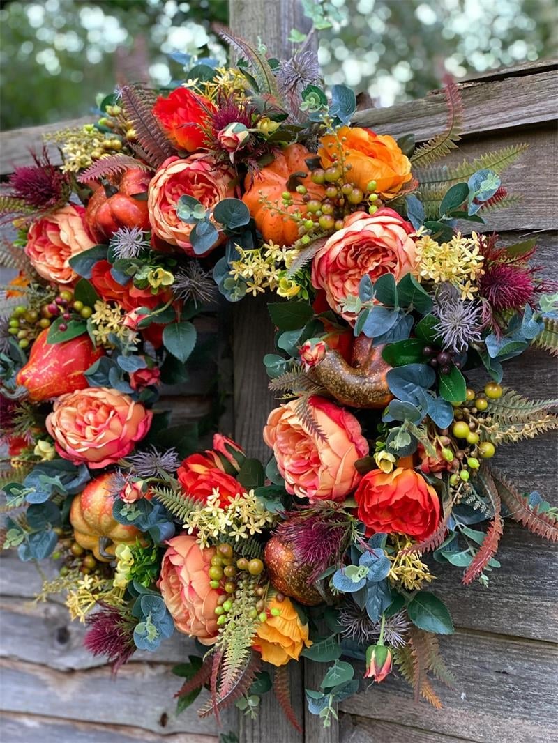 🍂 Handmade Peony & Pumpkin Wreath — Cozy Fall Charm 🎃