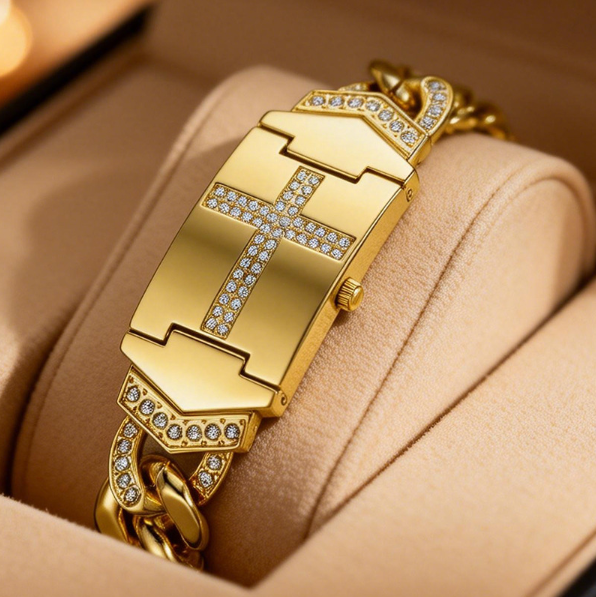 📢📢50% OFF !! ⏰Sparkling Crystal Cross Watch—Geometric Rectangular Dial, Premium Metal Strap💎